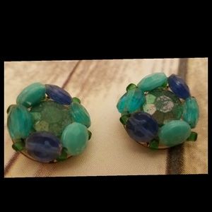 Vintage Hong Kong Stone & Bead Clip on Earrings